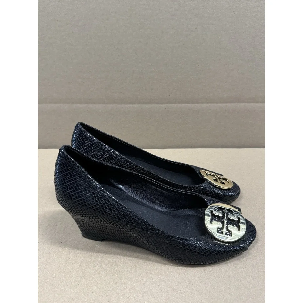Tory Burch‎ Size 6M Black Textured Snake Leather Wedge Shoes Pumps